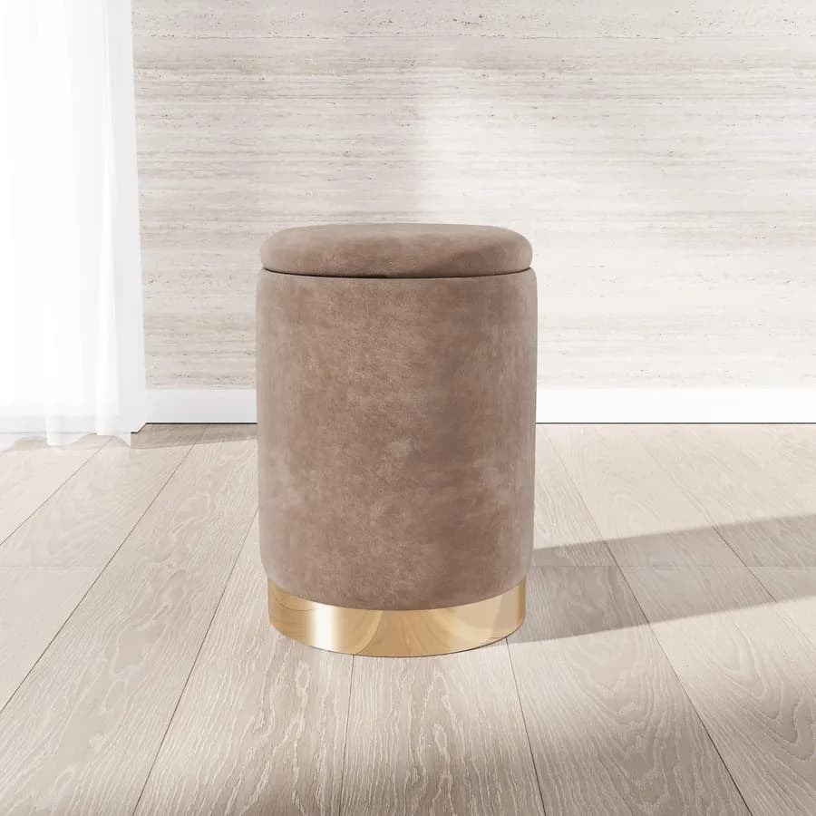 Pouf contenitore 29 cm effetto velluto chocolat con base oro - Elenor