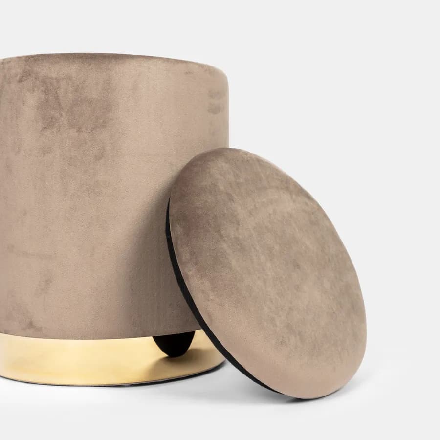 Pouf contenitore 29 cm effetto velluto chocolat con base oro - Elenor