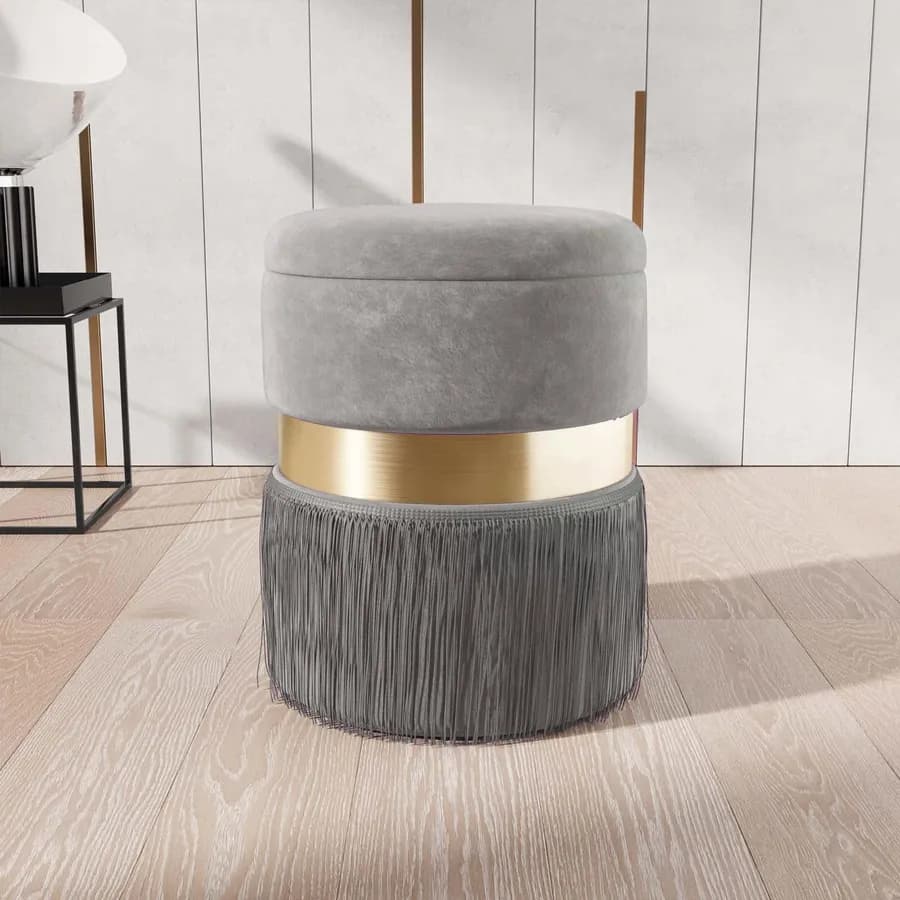 Pouf contenitore 33 cm in velluto grigio con anello centrale dorato - Elysa