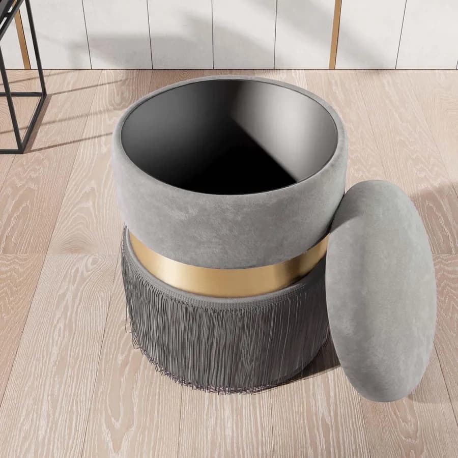 Pouf contenitore 33 cm in velluto grigio con anello centrale dorato - Elysa