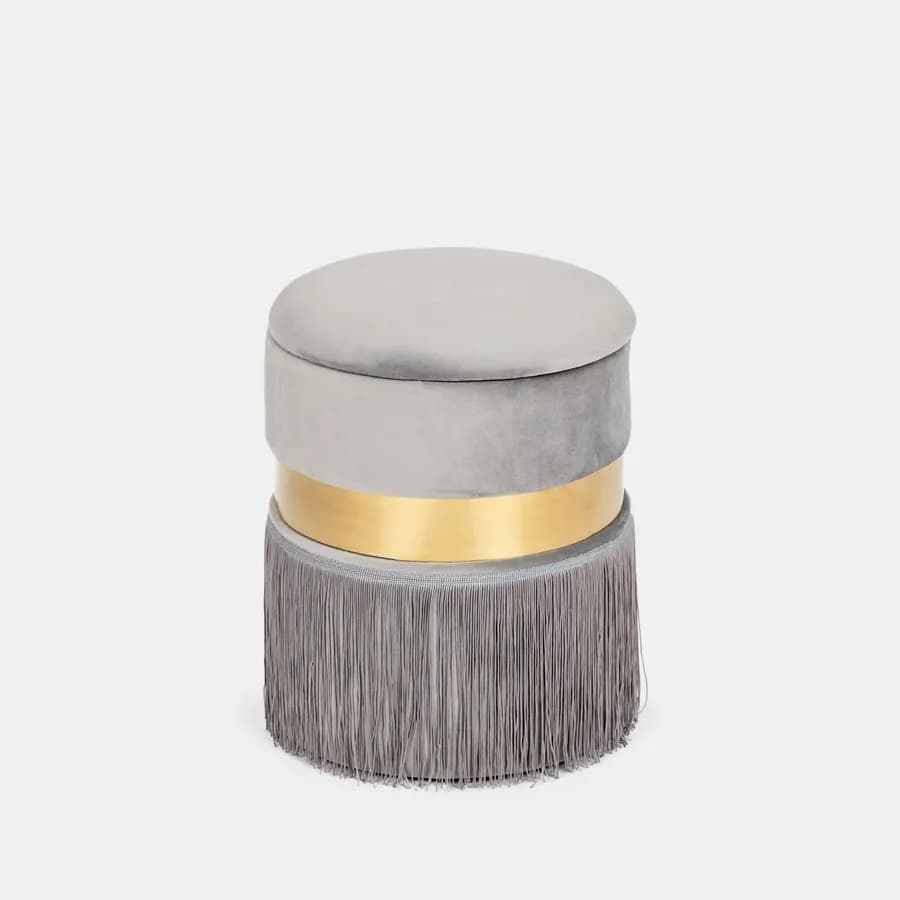 Pouf contenitore 33 cm in velluto grigio con anello centrale dorato - Elysa