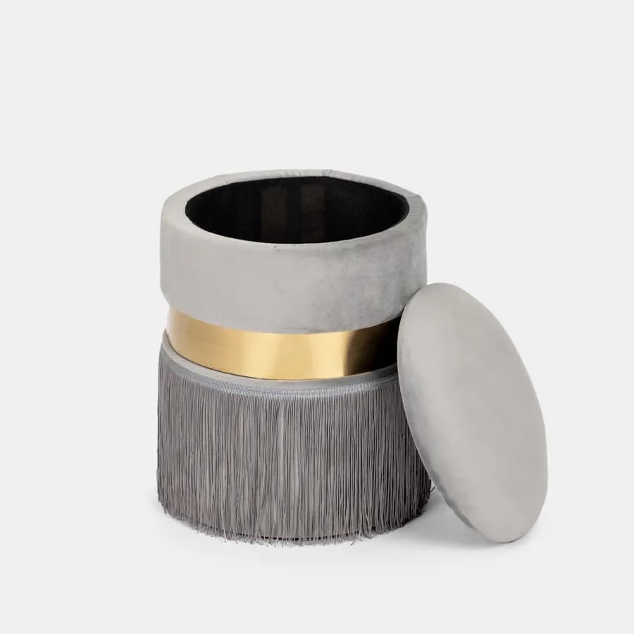 Pouf contenitore 33 cm in velluto grigio con anello centrale dorato - Elysa