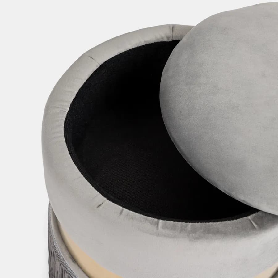 Pouf contenitore 33 cm in velluto grigio con anello centrale dorato - Elysa