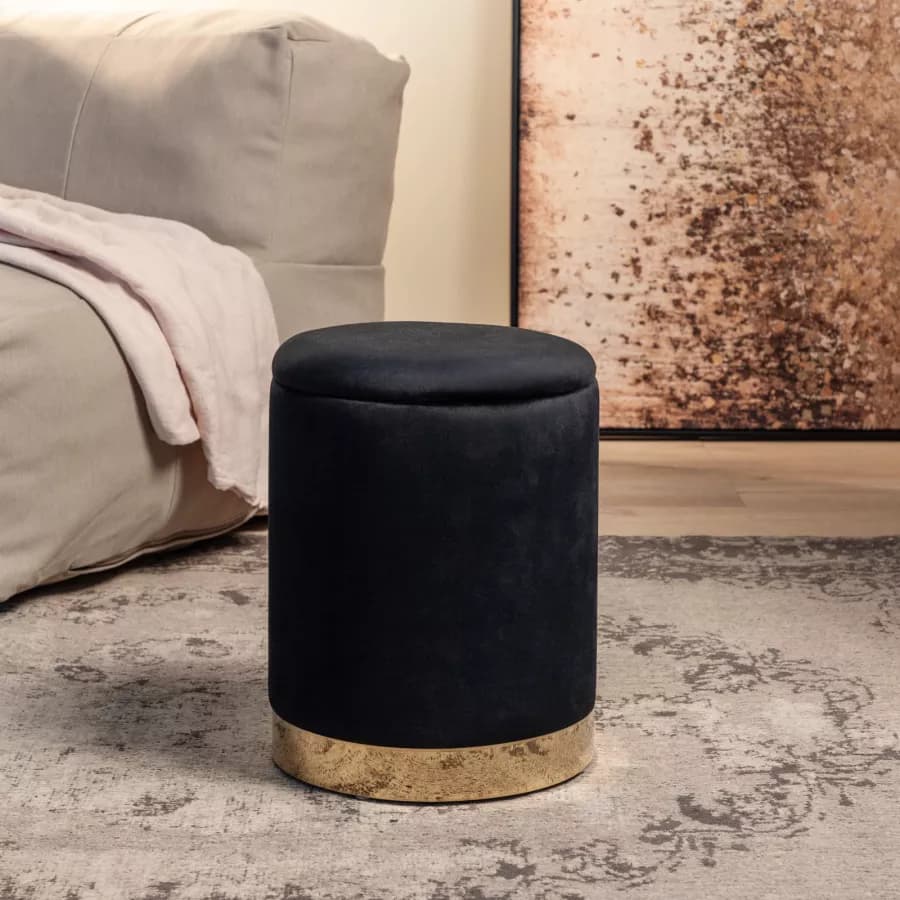 Pouf contenitore 29 cm effetto velluto nero con base oro - Elenor