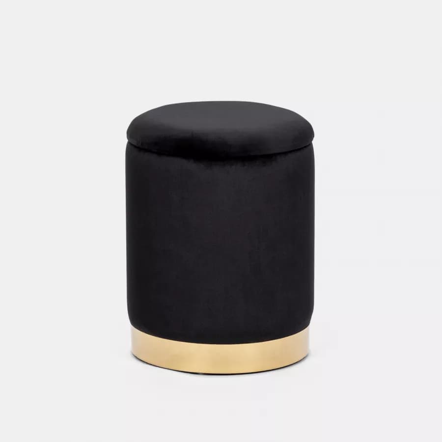 Pouf contenitore 29 cm effetto velluto nero con base oro - Elenor