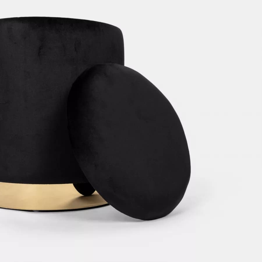 Pouf contenitore 29 cm effetto velluto nero con base oro - Elenor