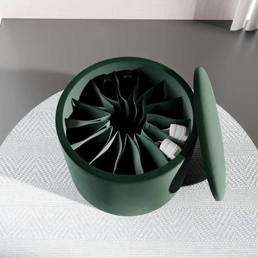Pouf contenitore 60 cm in velluto verde con scomparti interni - Ruby