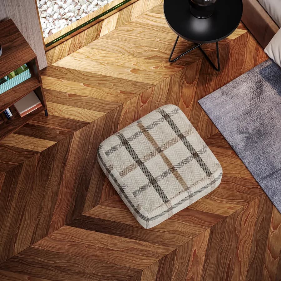 Pouf imbottito 60x60 cm in tessuto idrorepellente a quadri bianco - Rupert