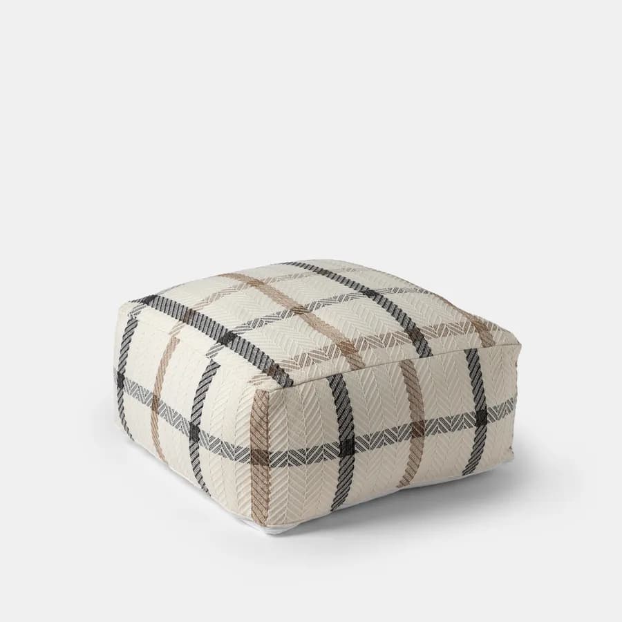 Pouf imbottito 60x60 cm in tessuto idrorepellente a quadri bianco - Rupert