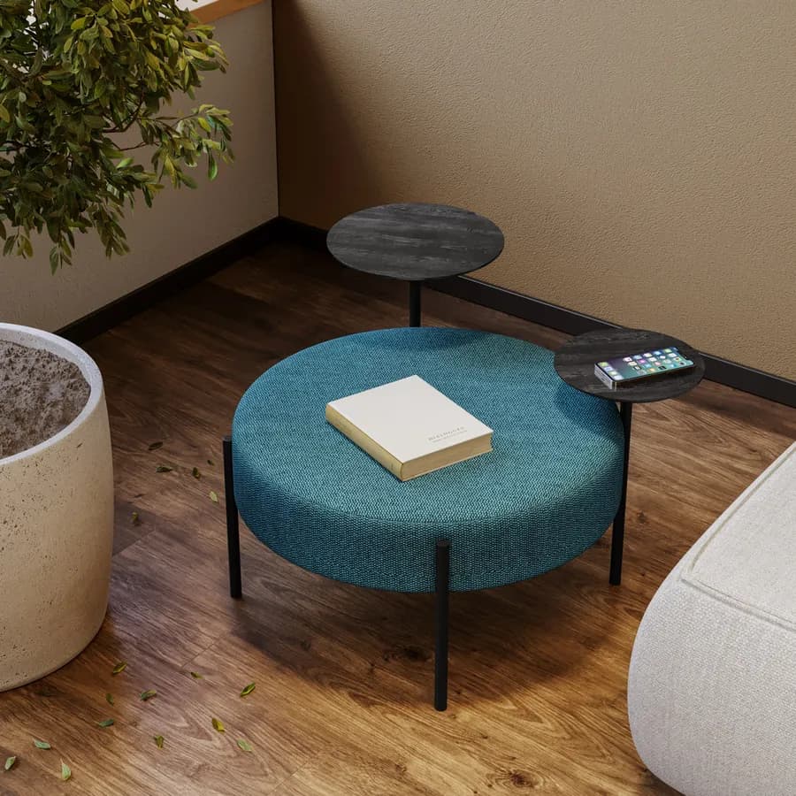 Pouf rotondo 78 cm in maglia petrolio con due tavolini effetto legno nero - Farel