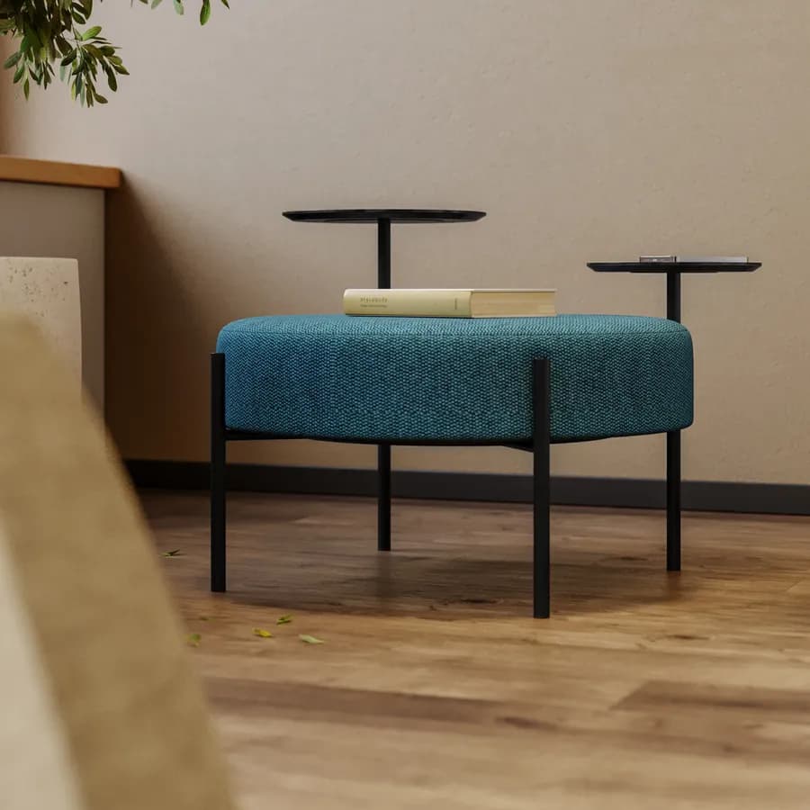 Pouf rotondo 78 cm in maglia petrolio con due tavolini effetto legno nero - Farel