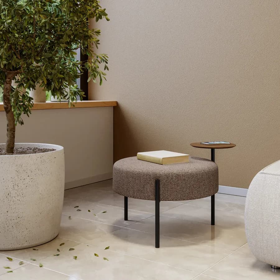 Pouf rotondo 64 cm in maglia tortora con tavolino effetto legno - Farel