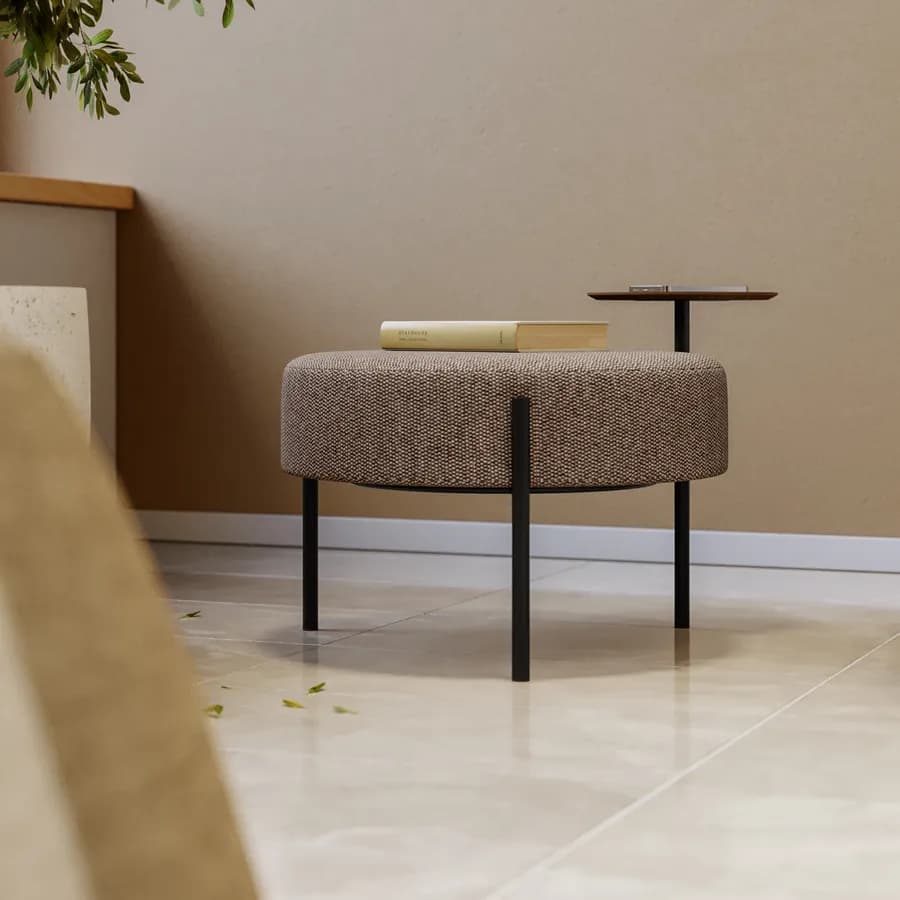 Pouf rotondo 64 cm in maglia tortora con tavolino effetto legno - Farel