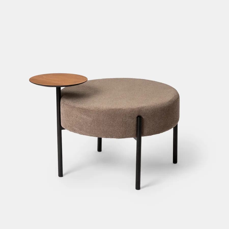Pouf rotondo 64 cm in maglia tortora con tavolino effetto legno - Farel