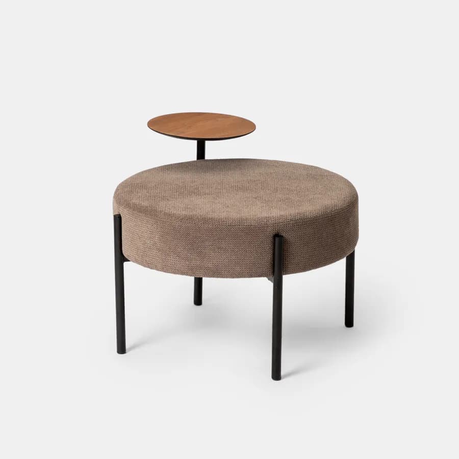 Pouf rotondo 64 cm in maglia tortora con tavolino effetto legno - Farel