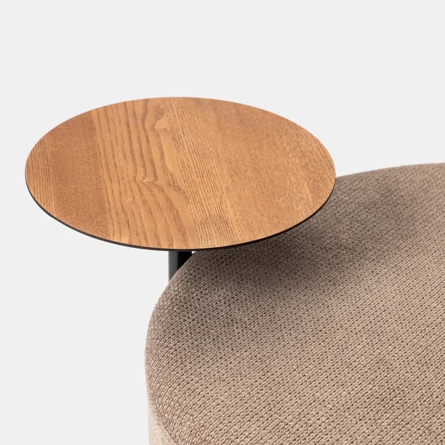 Pouf rotondo 64 cm in maglia tortora con tavolino effetto legno - Farel
