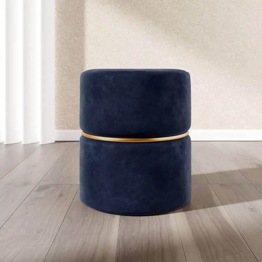 Pouf 36 cm effetto velluto blu cobalto con dettaglio anello colore oro - Elenor