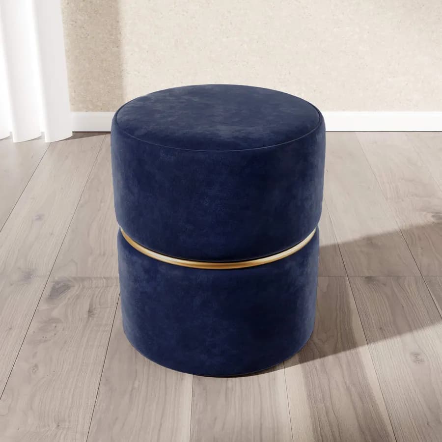 Pouf 36 cm effetto velluto blu cobalto con dettaglio anello colore oro - Elenor