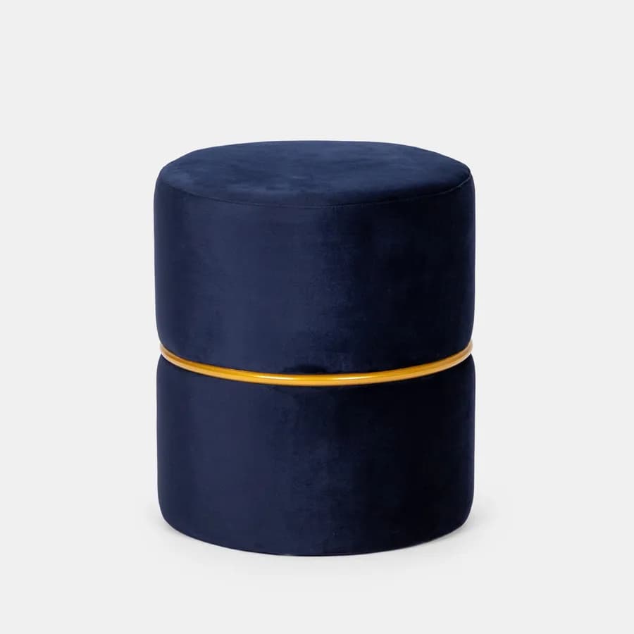 Pouf 36 cm effetto velluto blu cobalto con dettaglio anello colore oro - Elenor