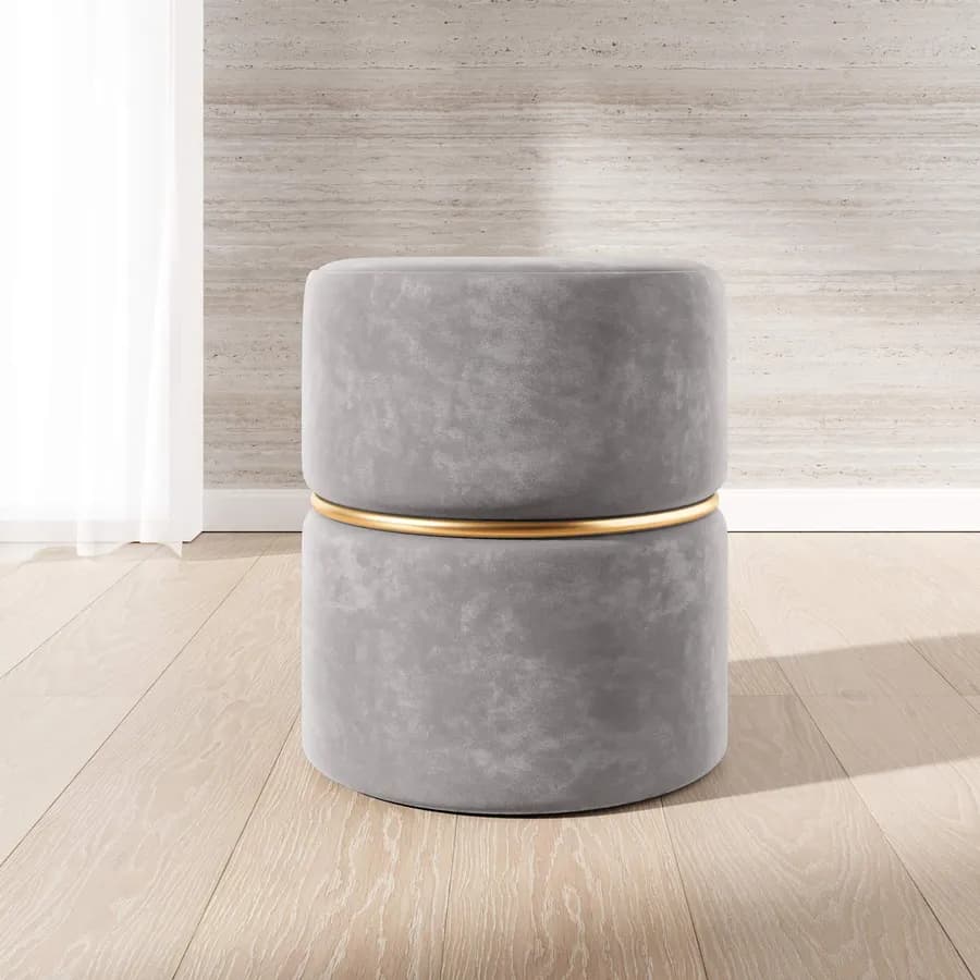 Pouf 36 cm effetto velluto grigio scuro con dettaglio anello colore oro - Elenor