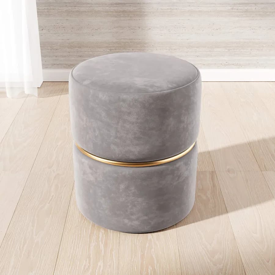 Pouf 36 cm effetto velluto grigio scuro con dettaglio anello colore oro - Elenor