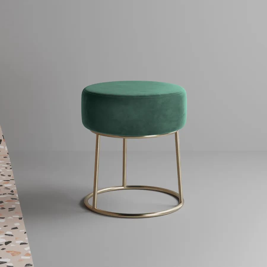 Pouf rotondo 35 cm in velluto verde e struttura finitura champagne - Millepora