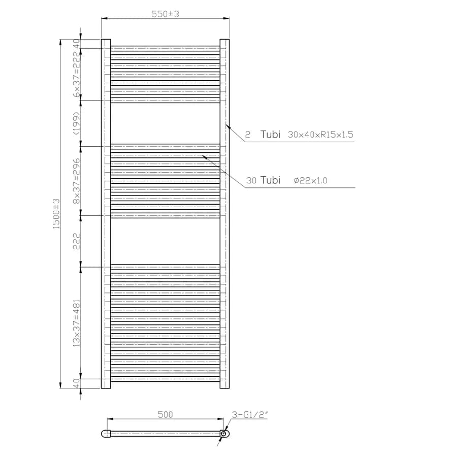 Termoarredo scaldasalviette 1500x550 bianco interasse 500 mm - Alpina