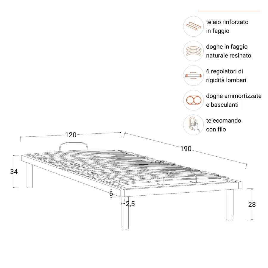 Rete a doghe motorizzata 120x190 cm in legno di faggio con telecomando