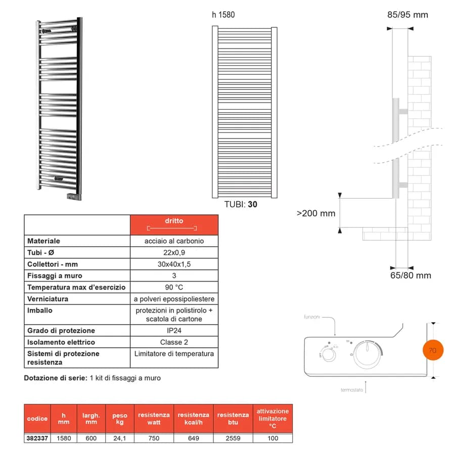 Termoarredo elettrico 1580x600 mm potenza 750W termostato cromo - E-Cortina di Lazzarini
