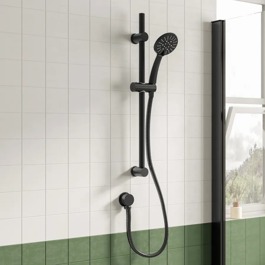 Saliscendi con doccino tondo multigetto e flessibile con presa d' acqua nero opaco - Acq+
