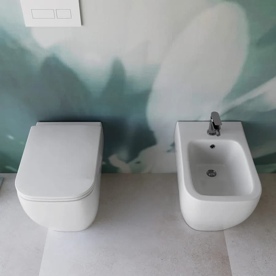 Sanitari filo muro in ceramica wc completo di sedile softclose e bidet - Kira