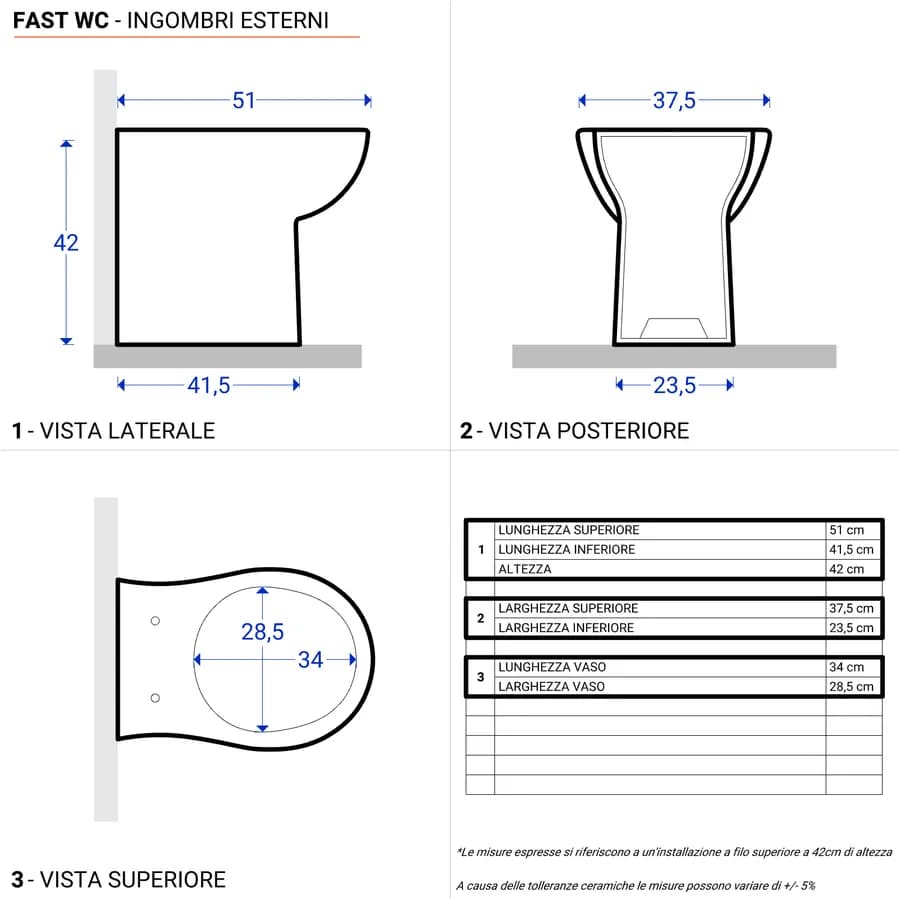 Sanitari filomuro a terra vaso + bidet e sedile soft-close Azzurra Fast in ceramica