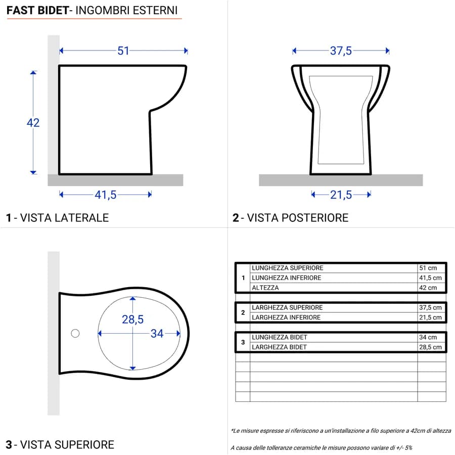 Sanitari filomuro a terra vaso + bidet e sedile soft-close Azzurra Fast in ceramica