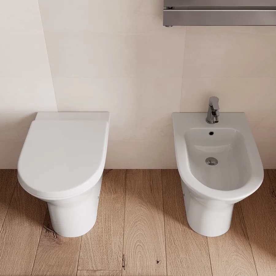 Sanitari filomuro coppia vaso rimless con bidet in ceramica e copriwc soft close - Hottis