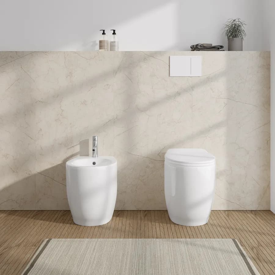 Sanitari filomuro in ceramica bianca e sedile copriwc