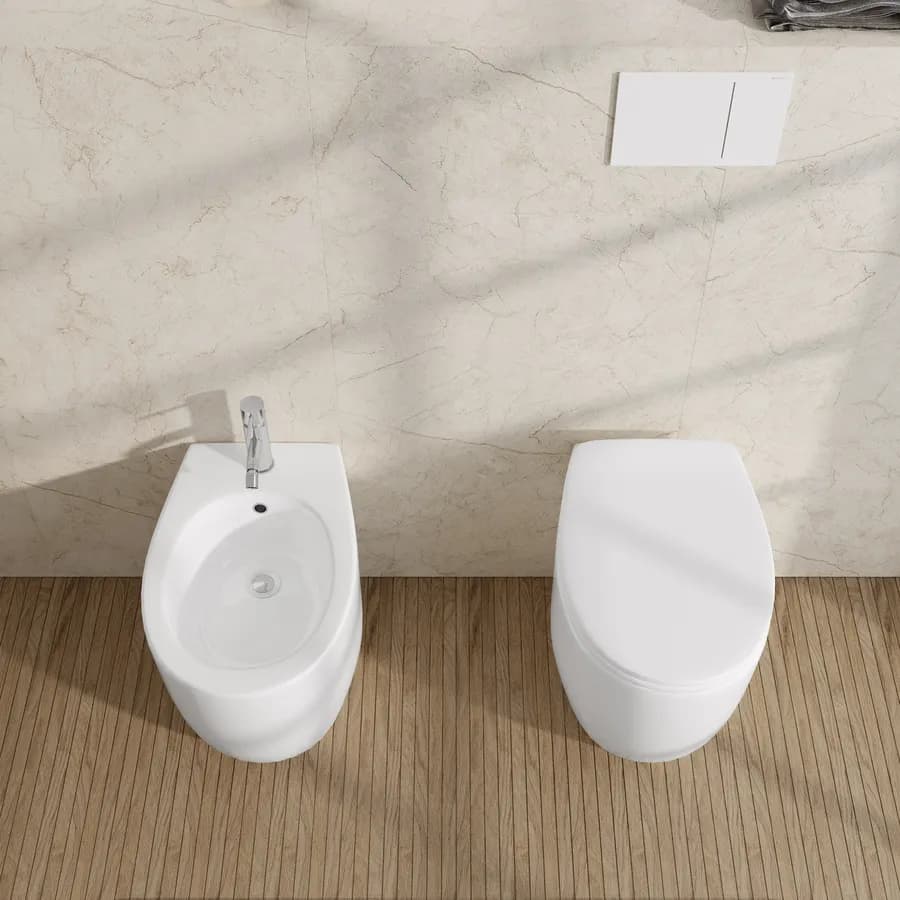 Sanitari filomuro in ceramica bianca e sedile copriwc