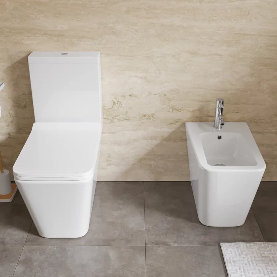 Sanitari filomuro in ceramica con wc monoblocco rimless e copriwc softclose - Lena