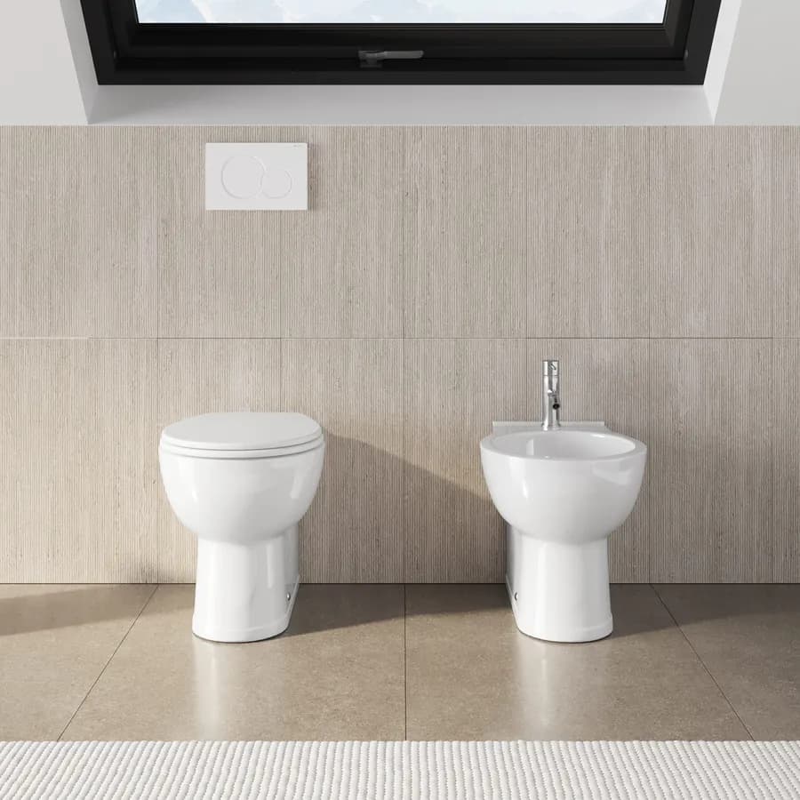 Sanitari filomuro in ceramica vaso + bidet + sedile soft close