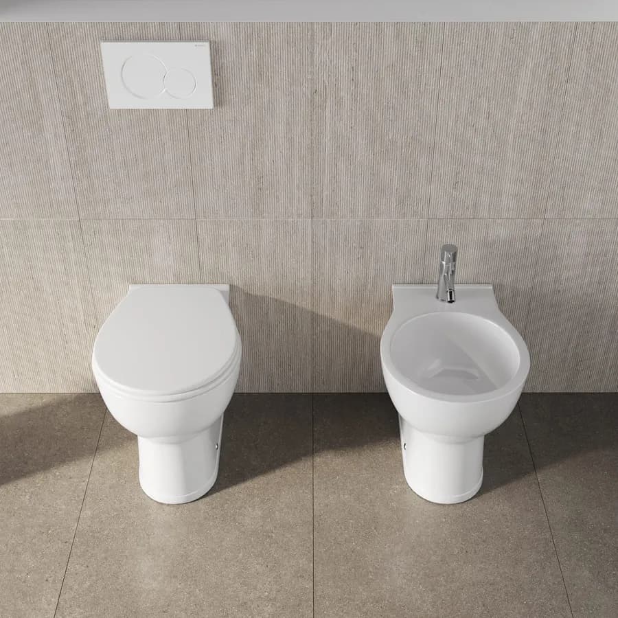 Sanitari filomuro in ceramica vaso + bidet + sedile soft close