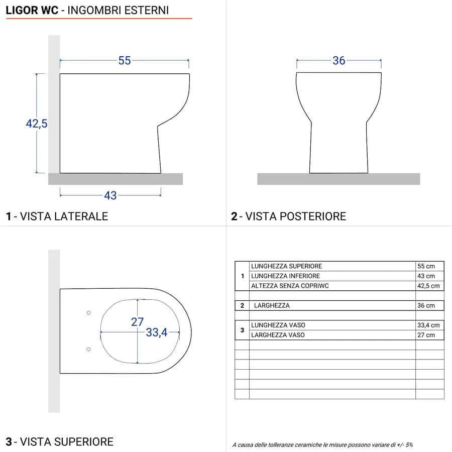 Sanitari filomuro vaso e bidet in ceramica 36x55x42,5h soft close - Ligor