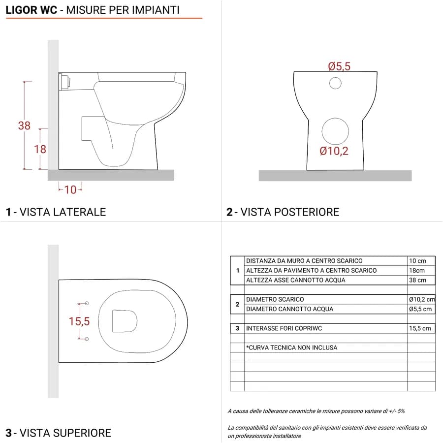 Sanitari filomuro vaso e bidet in ceramica 36x55x42,5h soft close - Ligor