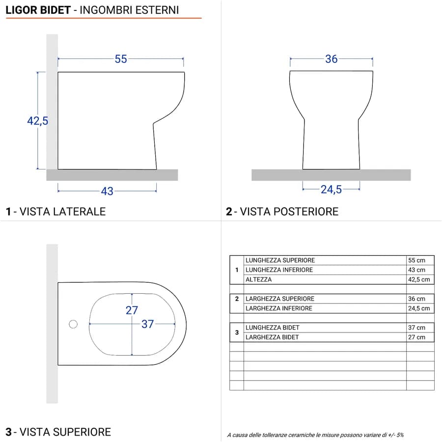 Sanitari filomuro vaso e bidet in ceramica 36x55x42,5h soft close - Ligor