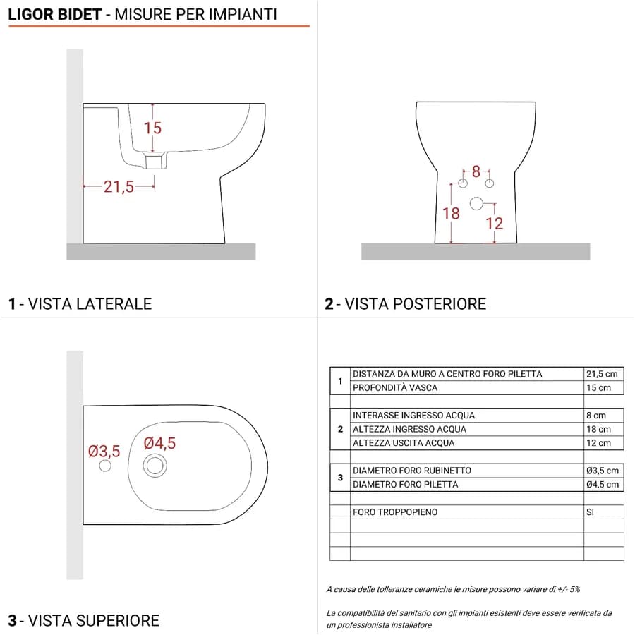 Sanitari filomuro vaso e bidet in ceramica 36x55x42,5h soft close - Ligor