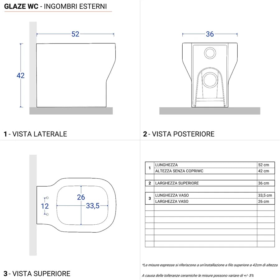 Sanitari filoparete Azzurra Glaze wc + bidet + Copriwc minimal Softclose
