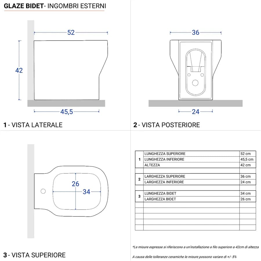 Sanitari filoparete Azzurra Glaze wc + bidet + Copriwc minimal Softclose