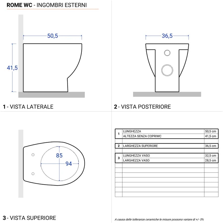 Sanitari in ceramica filomuro con wc con brida e sedile copriwc