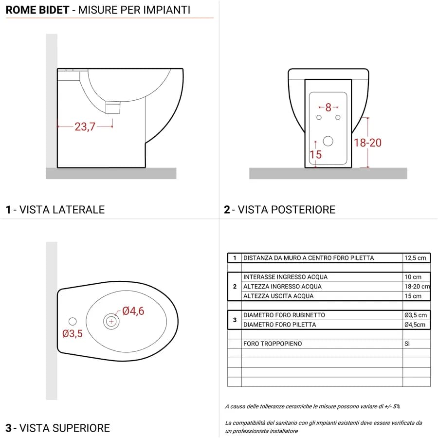 Sanitari in ceramica filomuro con wc con brida e sedile copriwc
