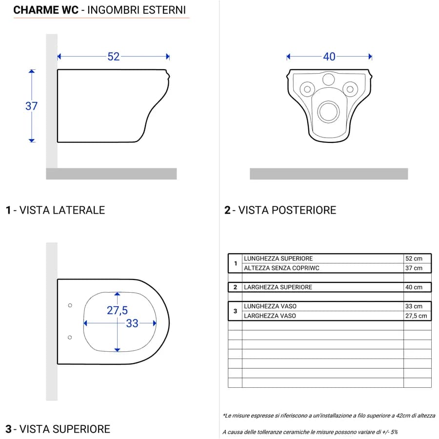 Sanitari sospesi Charme di Azzurra in ceramica con sedile copriwc softclose