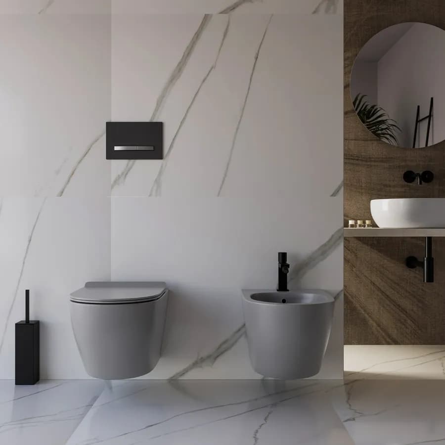 Sanitari sospesi grigio opaco a risparmio idrico con sedile SoftClose - Nadir