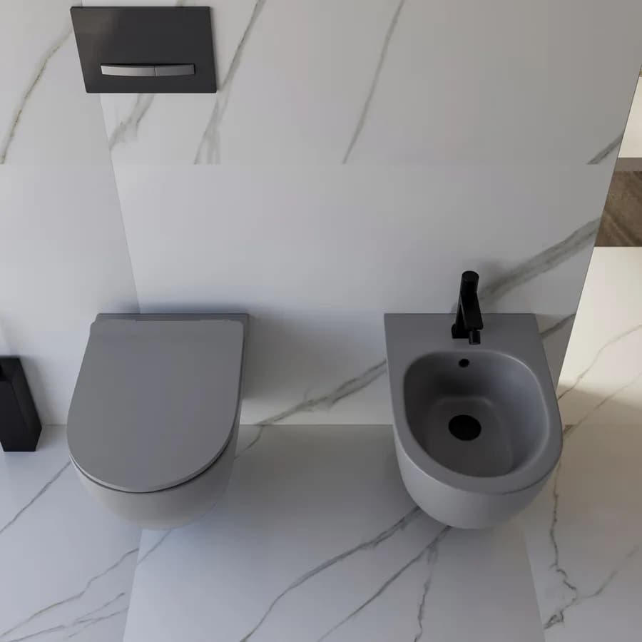 Sanitari sospesi grigio opaco a risparmio idrico con sedile SoftClose - Nadir